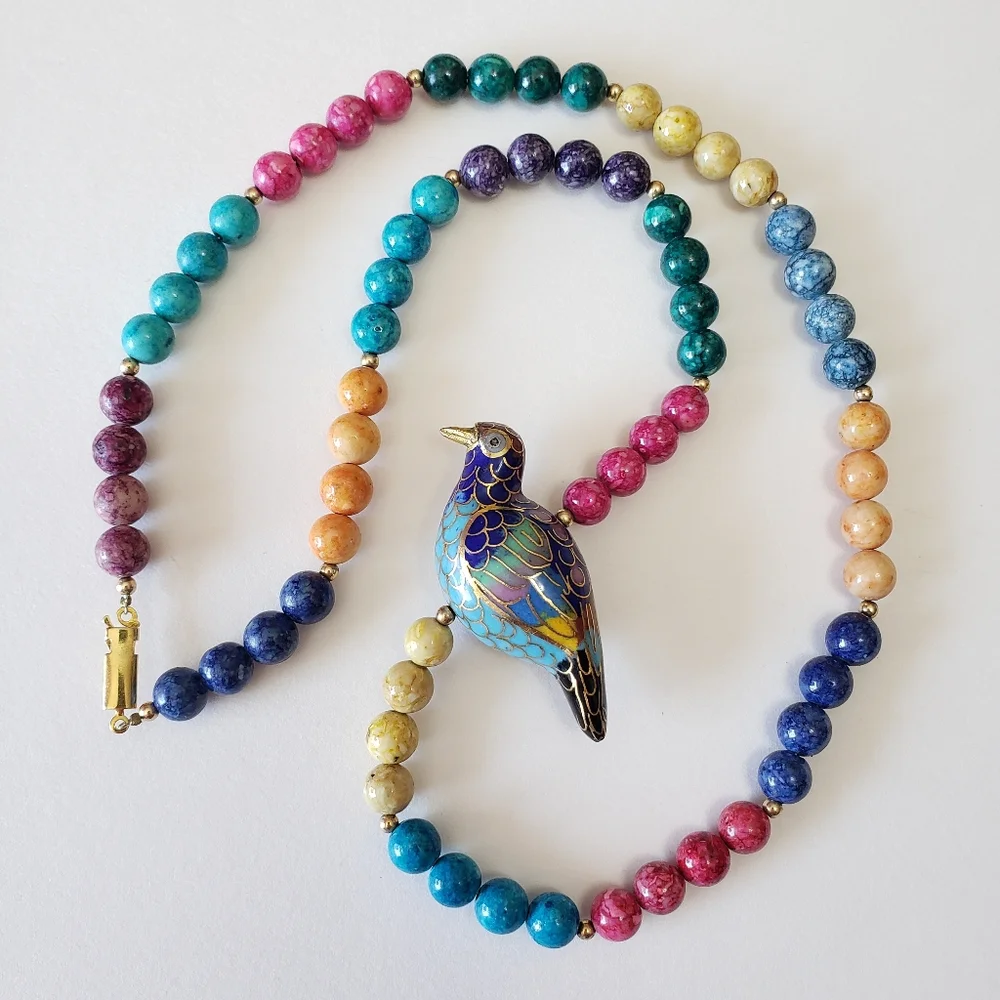 Vintage 1960's Gold Tone clasp, Multi Bead, Cloisonne Bird Necklace, - Picture 2 of 11